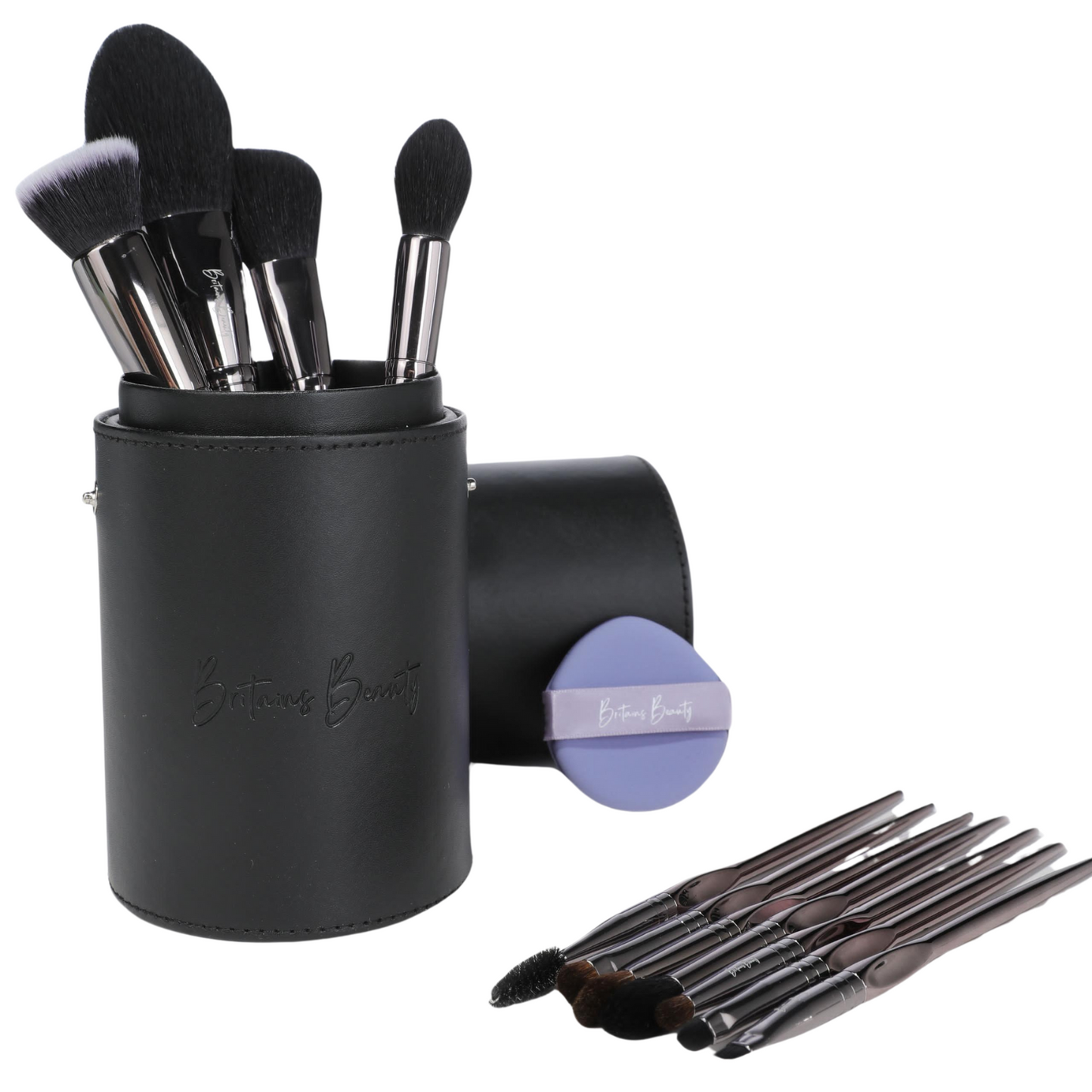 Britains Beauty Silver Makeup Brush Set – Complete 11-Piece Premium Synthetic Bristle Kit with Sleek Storage Case for Foundation, Blending, Blush, Eye Makeup – Vegan, Cruelty-Free Beauty Tools