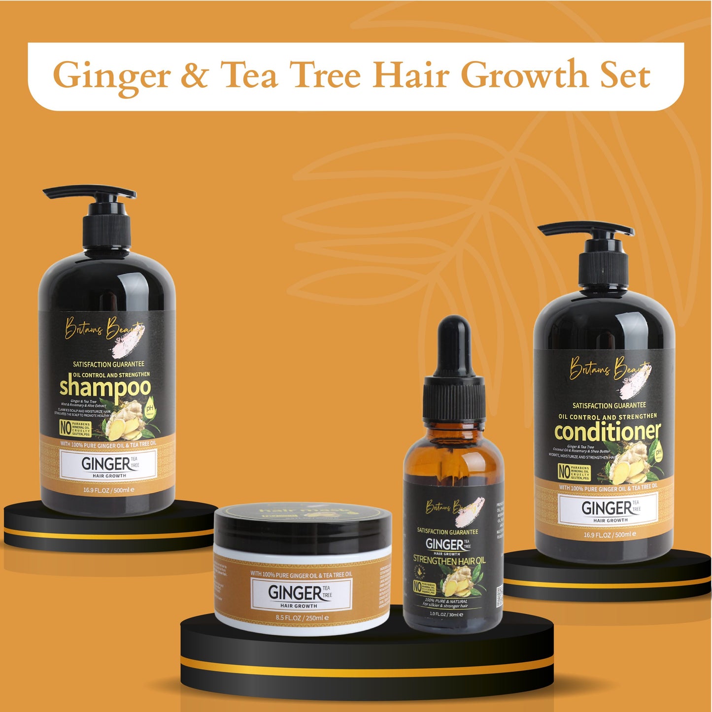 Britains Beauty Ginger & Tea Tree Oil Hair Growth Set: Strengthening Shampoo, Nourishing Conditioner, Fortifying Hair Mask, and Hair Growth Oil - Complete 4-Step Scalp & Hair Care System (500ml Bottles, 250ml Jar)