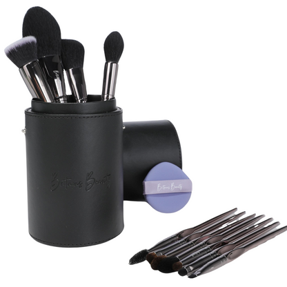 Britains Beauty Silver Makeup Brush Set – Complete 11-Piece Premium Synthetic Bristle Kit with Sleek Storage Case for Foundation, Blending, Blush, Eye Makeup – Vegan, Cruelty-Free Beauty Tools