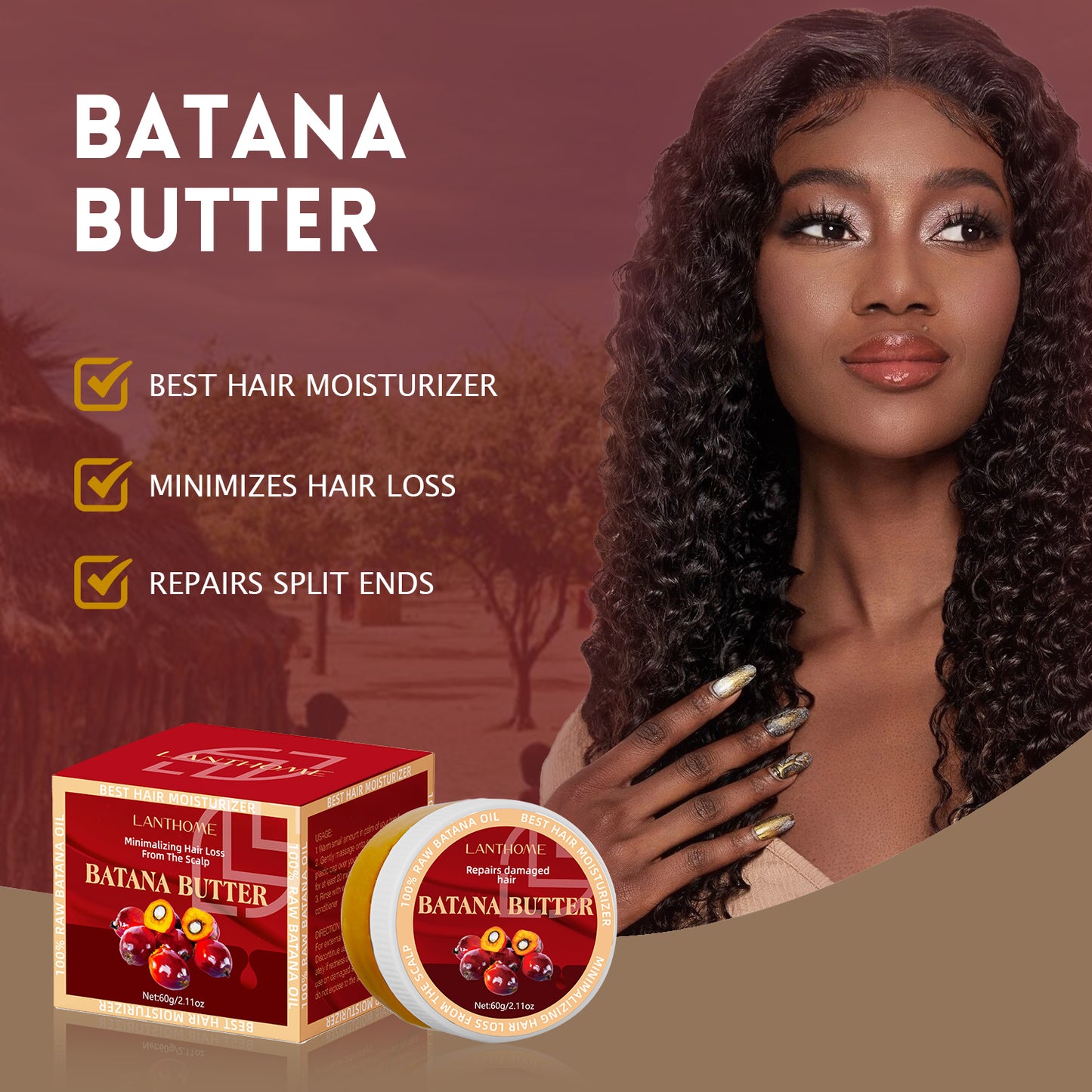 Batana Butter Hair Treatment – Intensive Moisturiser for Repair and Growth, Minimises Hair Loss, Repairs Split Ends – 6.11oz