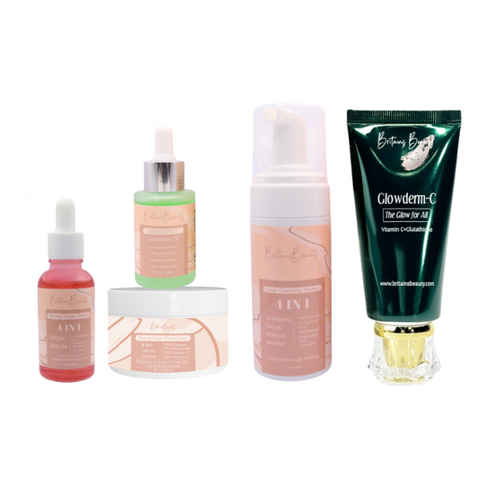 Britain's Beauty Ultimate Skincare Set - Glowderm-C Cream, Cleansing & Acne Removal Mousse, Facial Serum, Dark Spot Corrector Oil, and Facial Cream - 5-in-1 Skin Care Routine for Healthy, Radiant Skin
