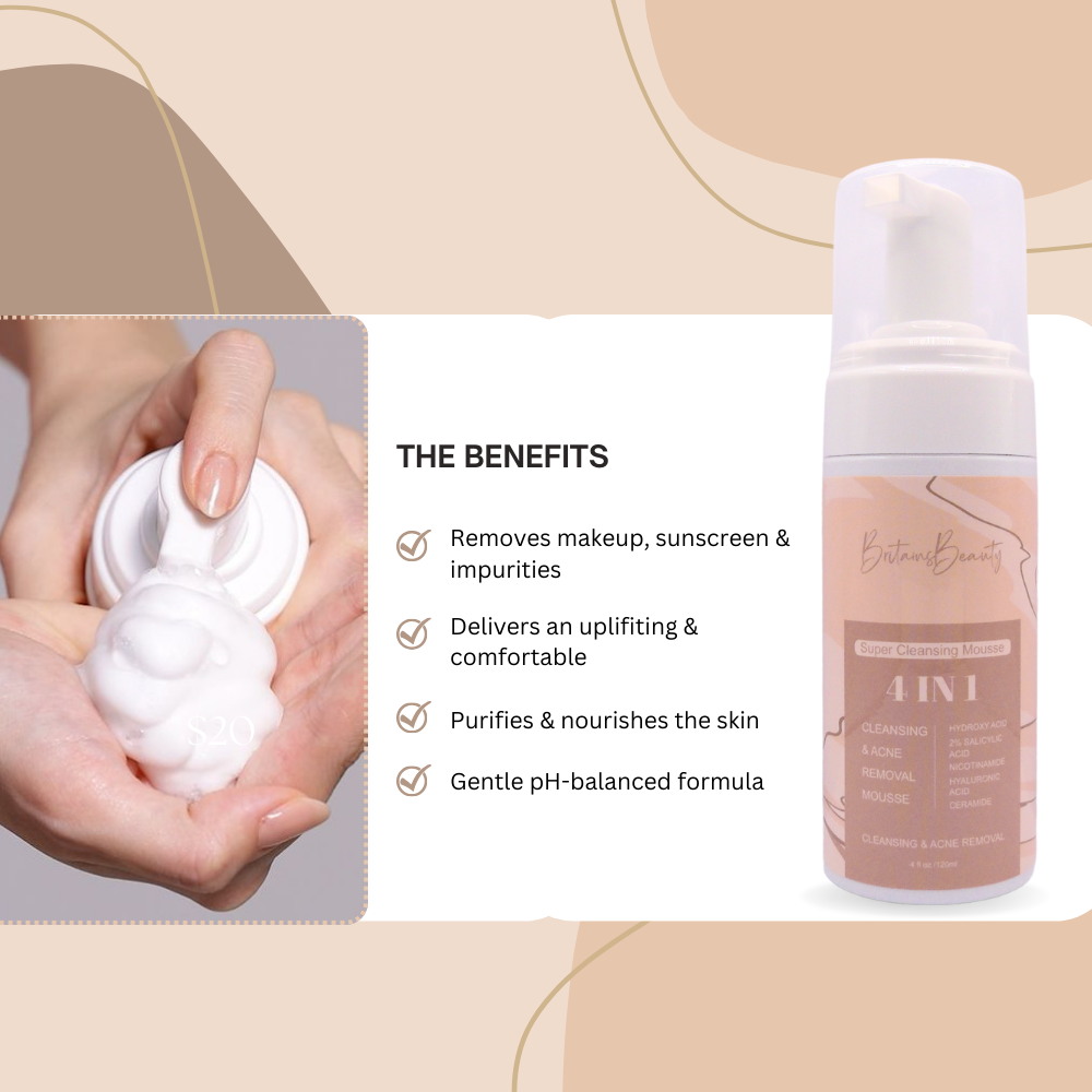 Britain's Beauty 4-in-1 Super Cleansing Mousse for Acne & Oil Control, Hydrating Formula with Natural Ingredients, 120ml