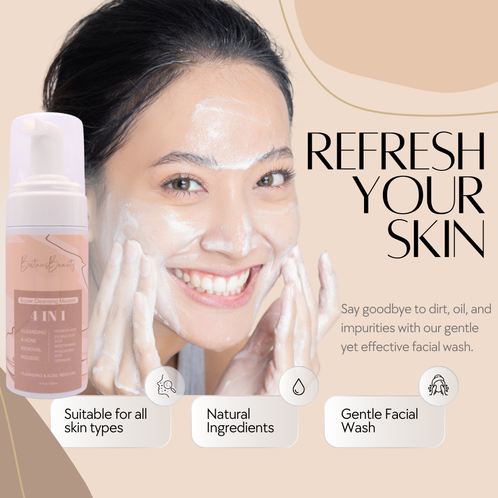 Britain's Beauty 4-in-1 Super Cleansing Mousse for Acne & Oil Control, Hydrating Formula with Natural Ingredients, 120ml