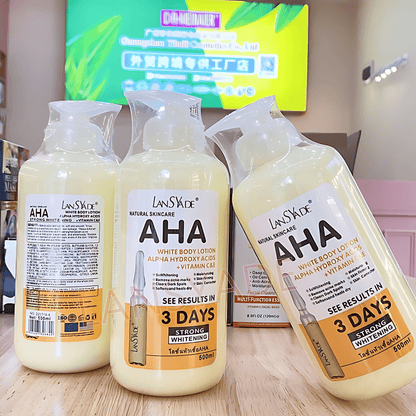 Britain's Beauty AHA Yellow Body Lotion - Alpha Hydroxy Acids + Vitamin C & E, 500ml - Skin Whitening, Moisturizing, Acne Mark Removal, and Skin Firming