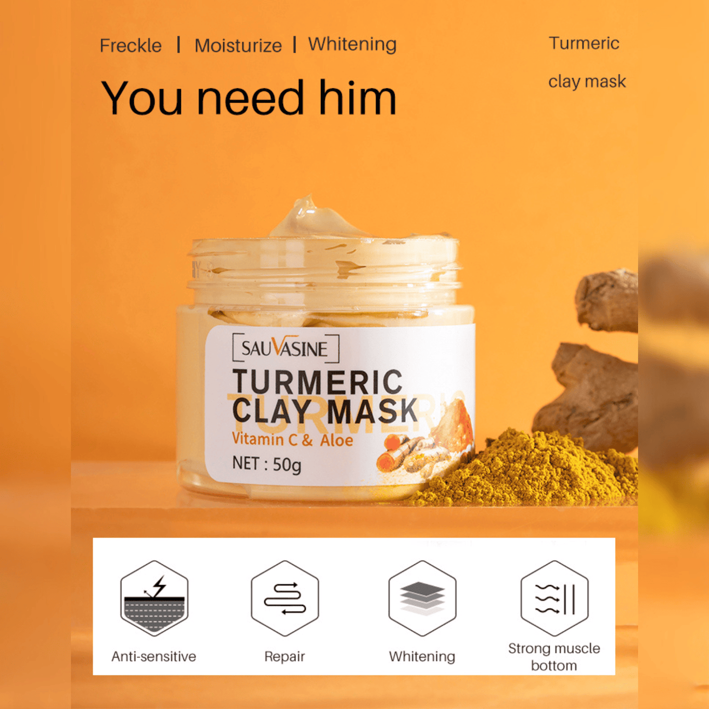Britains Beauty Turmeric Clay Mask with Vitamin C & Aloe - Anti-Sensitive, Whitening, Acne Removal, Moisturising Facial Mask - 50g - Natural Skin Care for Lifting, Repairing, and Brightening