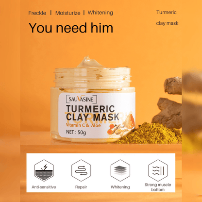 Britains Beauty Turmeric Clay Mask with Vitamin C & Aloe - Anti-Sensitive, Whitening, Acne Removal, Moisturising Facial Mask - 50g - Natural Skin Care for Lifting, Repairing, and Brightening