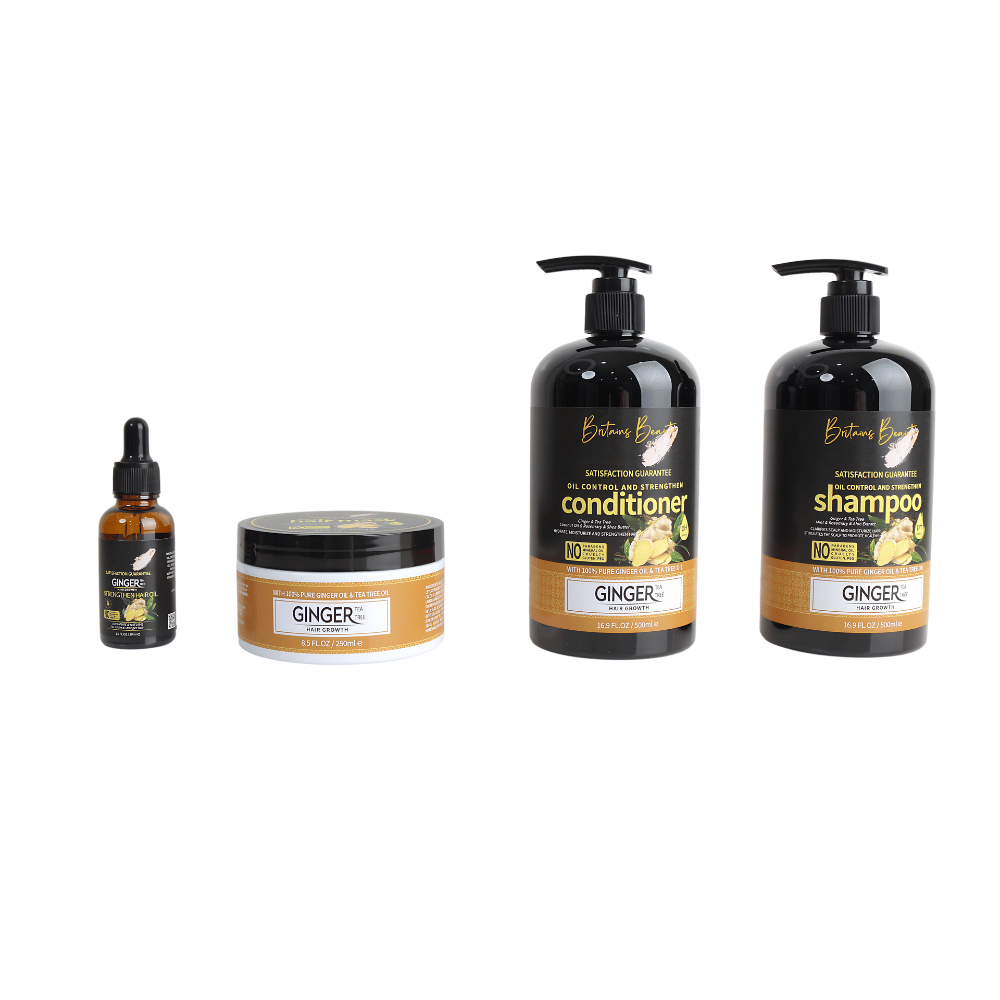 Britains Beauty Ginger & Tea Tree Oil Hair Growth Set: Strengthening Shampoo, Nourishing Conditioner, Fortifying Hair Mask, and Hair Growth Oil - Complete 4-Step Scalp & Hair Care System (500ml Bottles, 250ml Jar)