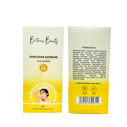 Britains Beauty Sunguard Supreme SPF 60 Sunscreen, Broad Spectrum UVA/UVB Protection, Lightweight Formula for Sensitive Skin - 50g