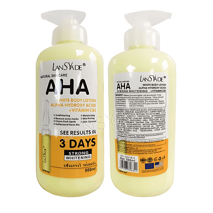 Britain's Beauty AHA Yellow Body Lotion - Alpha Hydroxy Acids + Vitamin C & E, 500ml - Skin Whitening, Moisturizing, Acne Mark Removal, and Skin Firming