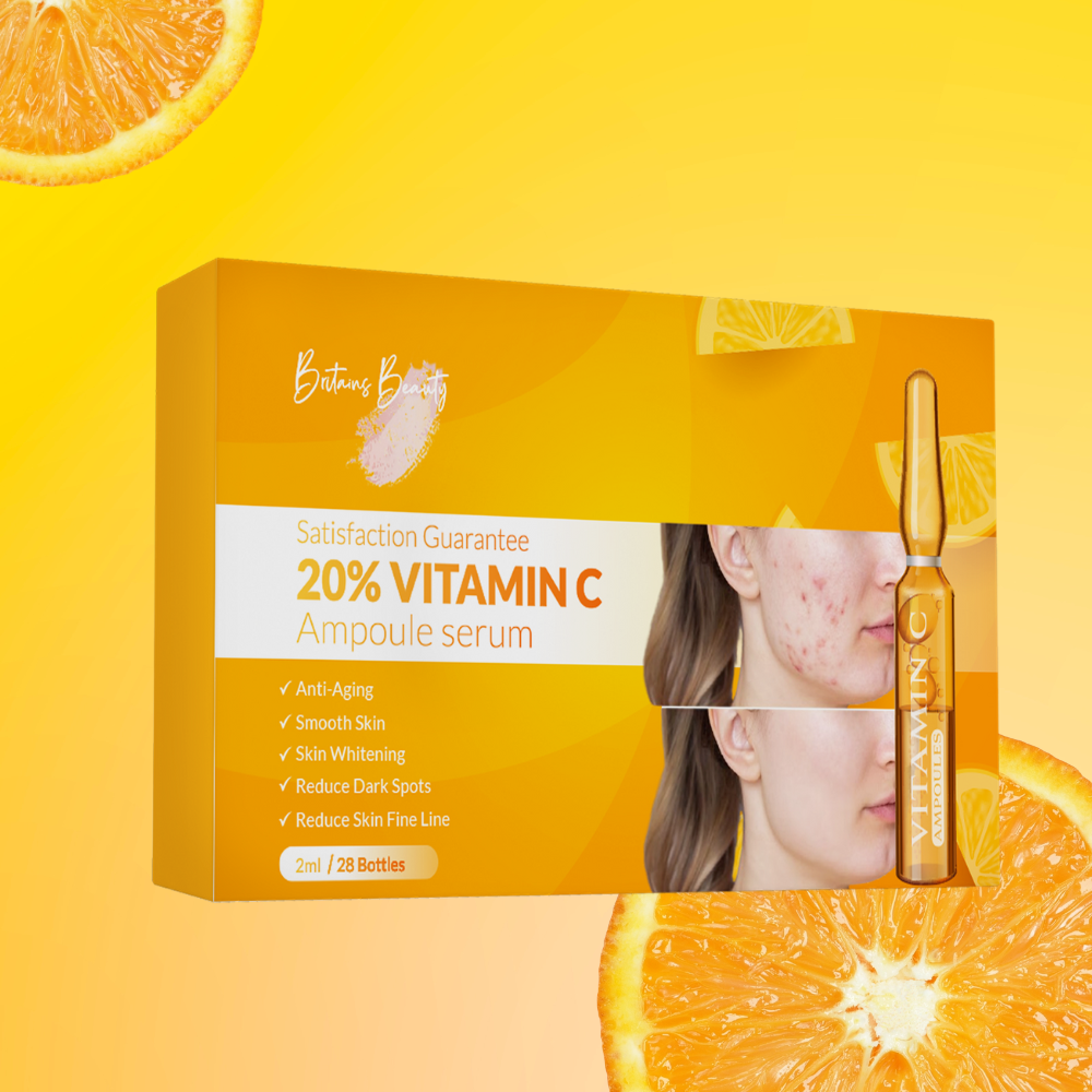 Britains Beauty Vitamin C Ampoule Serum - 20% Potent Vitamin C for Anti-Aging, Skin Whitening, Dark Spot Reduction, Smooth Skin, Fine Line Reduction - 28 Bottles x 2ml