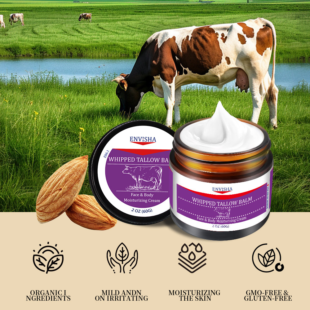 Whipped Tallow Balm - 100% Grass-Fed, Organic Moisturizing Cream for Face and Body, Enriched with Cold-Pressed Sweet Almond Oil, Hydrates and Nourishes Skin, Non-Greasy Formula, 2 oz (60g)