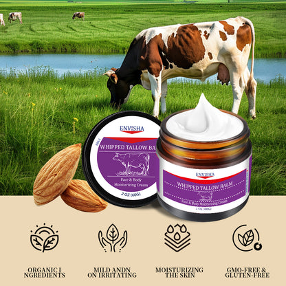 Whipped Tallow Balm - 100% Grass-Fed, Organic Moisturizing Cream for Face and Body, Enriched with Cold-Pressed Sweet Almond Oil, Hydrates and Nourishes Skin, Non-Greasy Formula, 2 oz (60g)