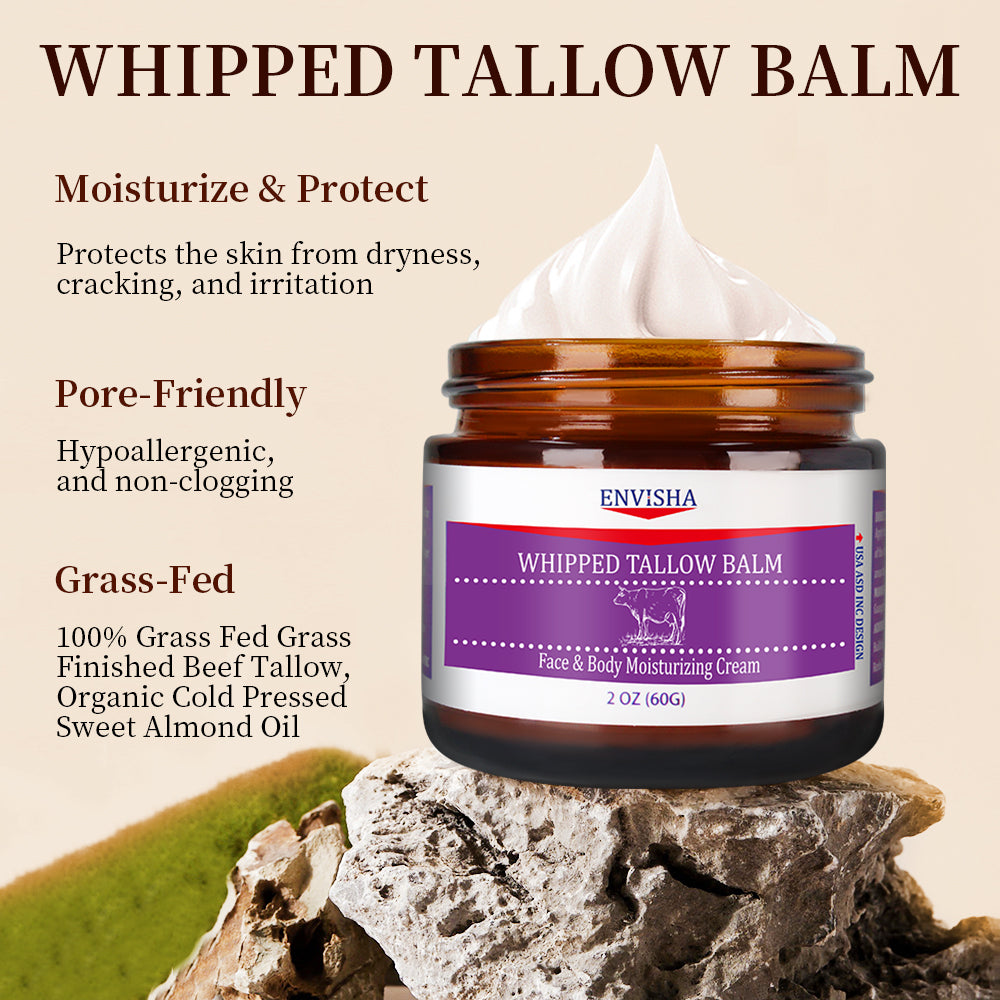 Whipped Tallow Balm - 100% Grass-Fed, Organic Moisturizing Cream for Face and Body, Enriched with Cold-Pressed Sweet Almond Oil, Hydrates and Nourishes Skin, Non-Greasy Formula, 2 oz (60g)