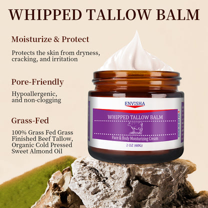 Whipped Tallow Balm - 100% Grass-Fed, Organic Moisturizing Cream for Face and Body, Enriched with Cold-Pressed Sweet Almond Oil, Hydrates and Nourishes Skin, Non-Greasy Formula, 2 oz (60g)