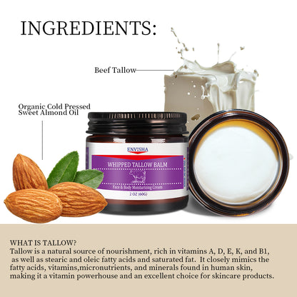 Whipped Tallow Balm - 100% Grass-Fed, Organic Moisturizing Cream for Face and Body, Enriched with Cold-Pressed Sweet Almond Oil, Hydrates and Nourishes Skin, Non-Greasy Formula, 2 oz (60g)