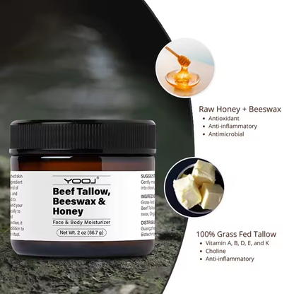 Beef Tallow, Beeswax & Honey Face & Body Moisturizer - Pure Natural Hydrating Balm for Dry, Sensitive Skin, Acne-Prone Skin - 56g
