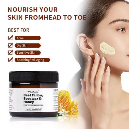 Beef Tallow, Beeswax & Honey Face & Body Moisturizer - Pure Natural Hydrating Balm for Dry, Sensitive Skin, Acne-Prone Skin - 56g