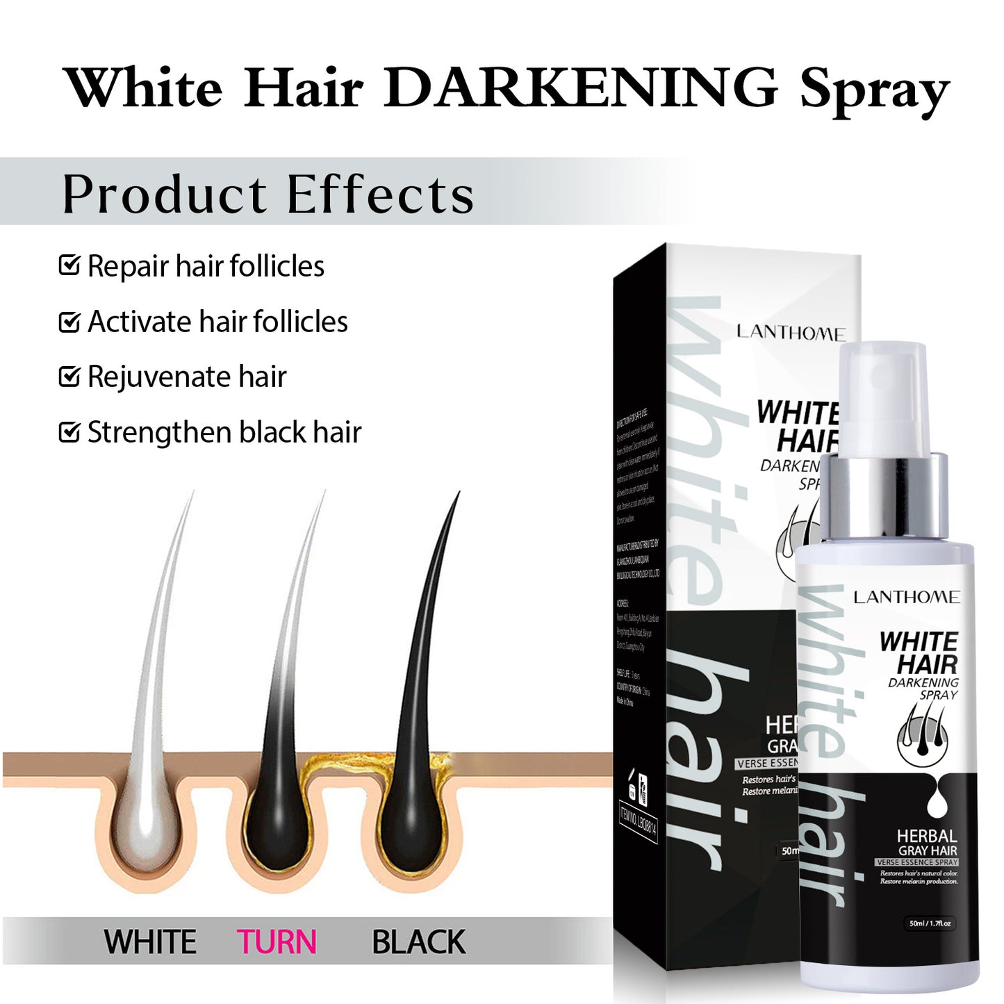 White Hair Darkening Spray with Herbal Ingredients, Restores Natural Color, Anti-Dandruff, Nourishes Hair Follicles, Reduces Itching & Flaky Scalp - 50ml