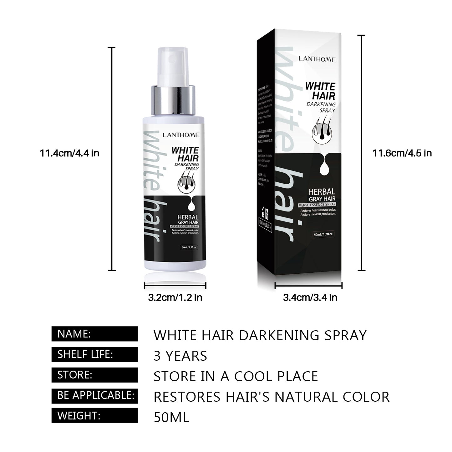 White Hair Darkening Spray with Herbal Ingredients, Restores Natural Color, Anti-Dandruff, Nourishes Hair Follicles, Reduces Itching & Flaky Scalp - 50ml