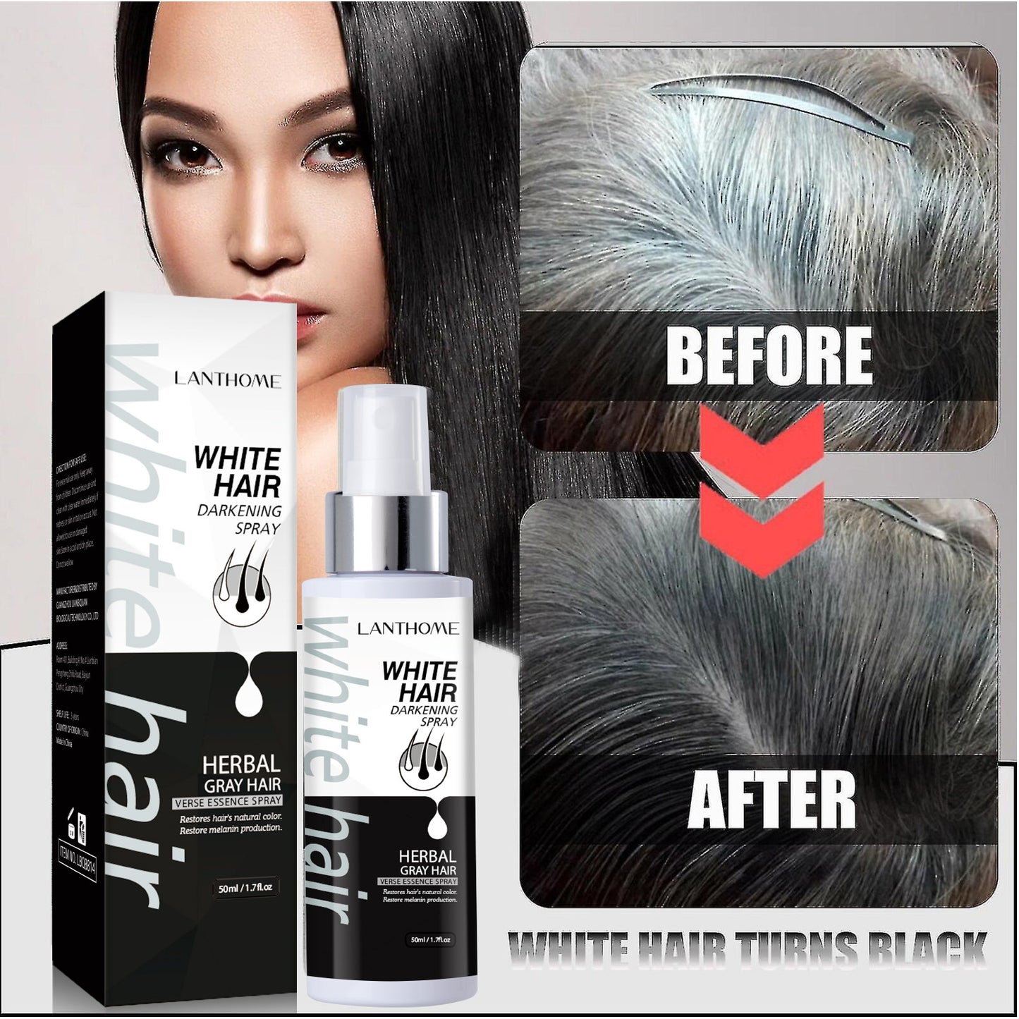 White Hair Darkening Spray with Herbal Ingredients, Restores Natural Color, Anti-Dandruff, Nourishes Hair Follicles, Reduces Itching & Flaky Scalp - 50ml