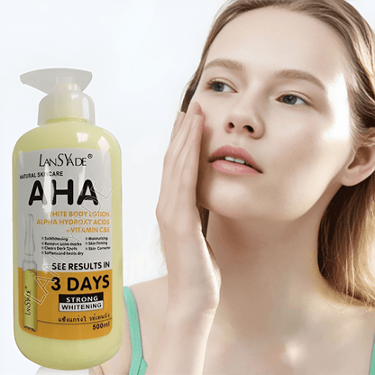 Britain's Beauty AHA Yellow Body Lotion - Alpha Hydroxy Acids + Vitamin C & E, 500ml - Skin Whitening, Moisturizing, Acne Mark Removal, and Skin Firming