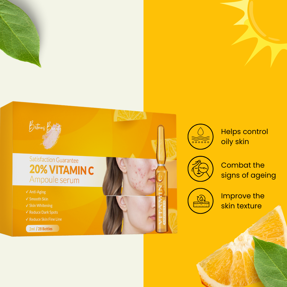Britains Beauty Vitamin C Ampoule Serum - 20% Potent Vitamin C for Anti-Aging, Skin Whitening, Dark Spot Reduction, Smooth Skin, Fine Line Reduction - 28 Bottles x 2ml