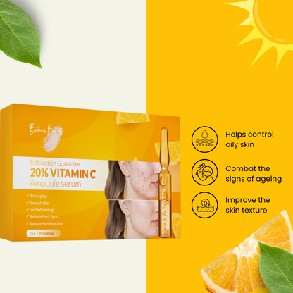 Britains Beauty Vitamin C Ampoule Serum - 20% Potent Vitamin C for Anti-Aging, Skin Whitening, Dark Spot Reduction, Smooth Skin, Fine Line Reduction - 28 Bottles x 2ml