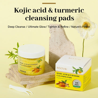 Kojic Acid & Turmeric Cleansing Pads - 50 Pads for Brightening, Natural Glow, and Improving Texture